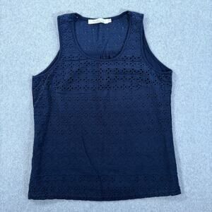 Solitaire Eyelet Tank Top Women's Medium Navy Blue Sleeveless Scoop Neck Lined